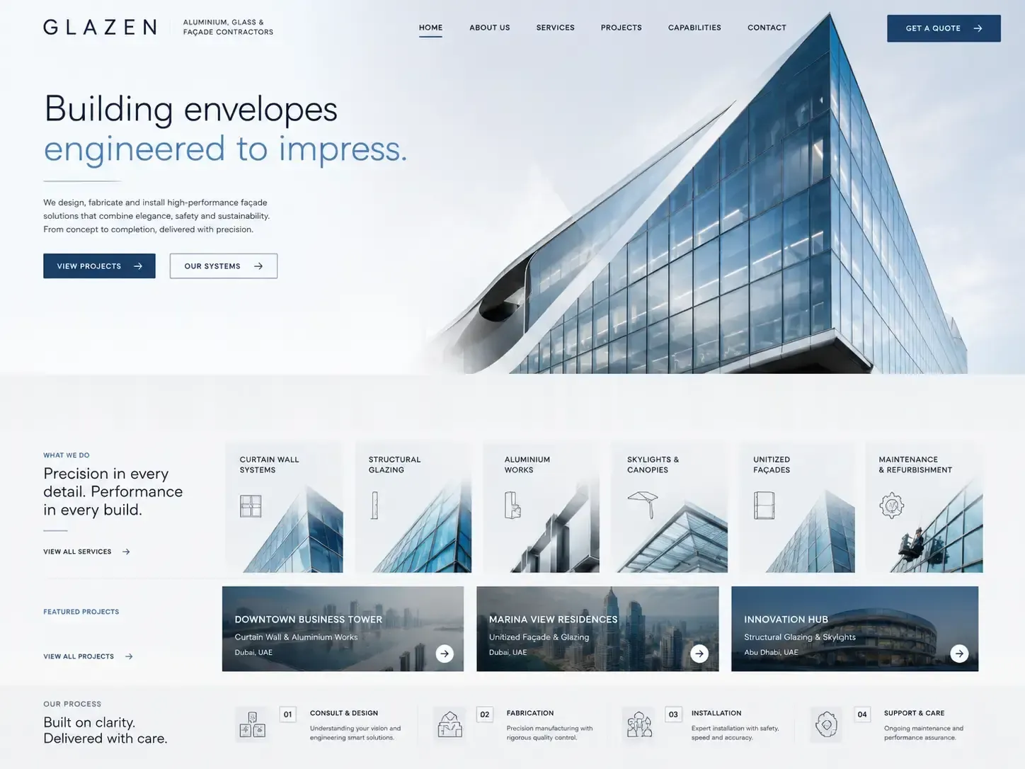 Glazen website concept — aluminium / glass & façade contractors homepage