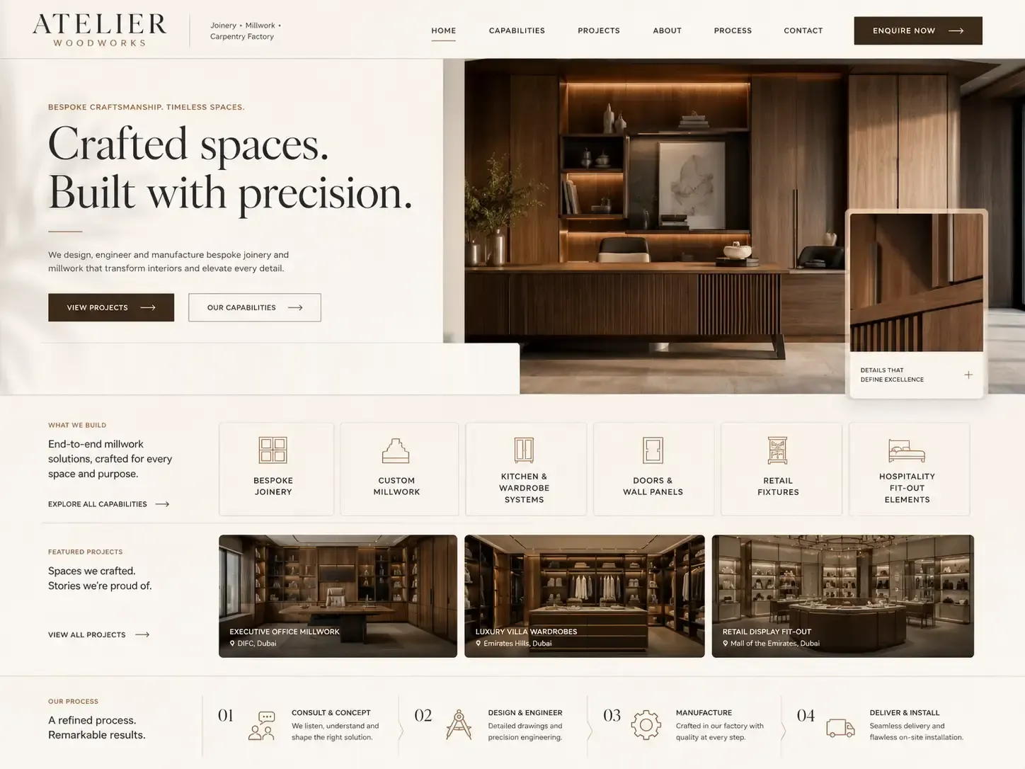 Atelier Woodworks website concept — joinery / millwork / carpentry factory homepage