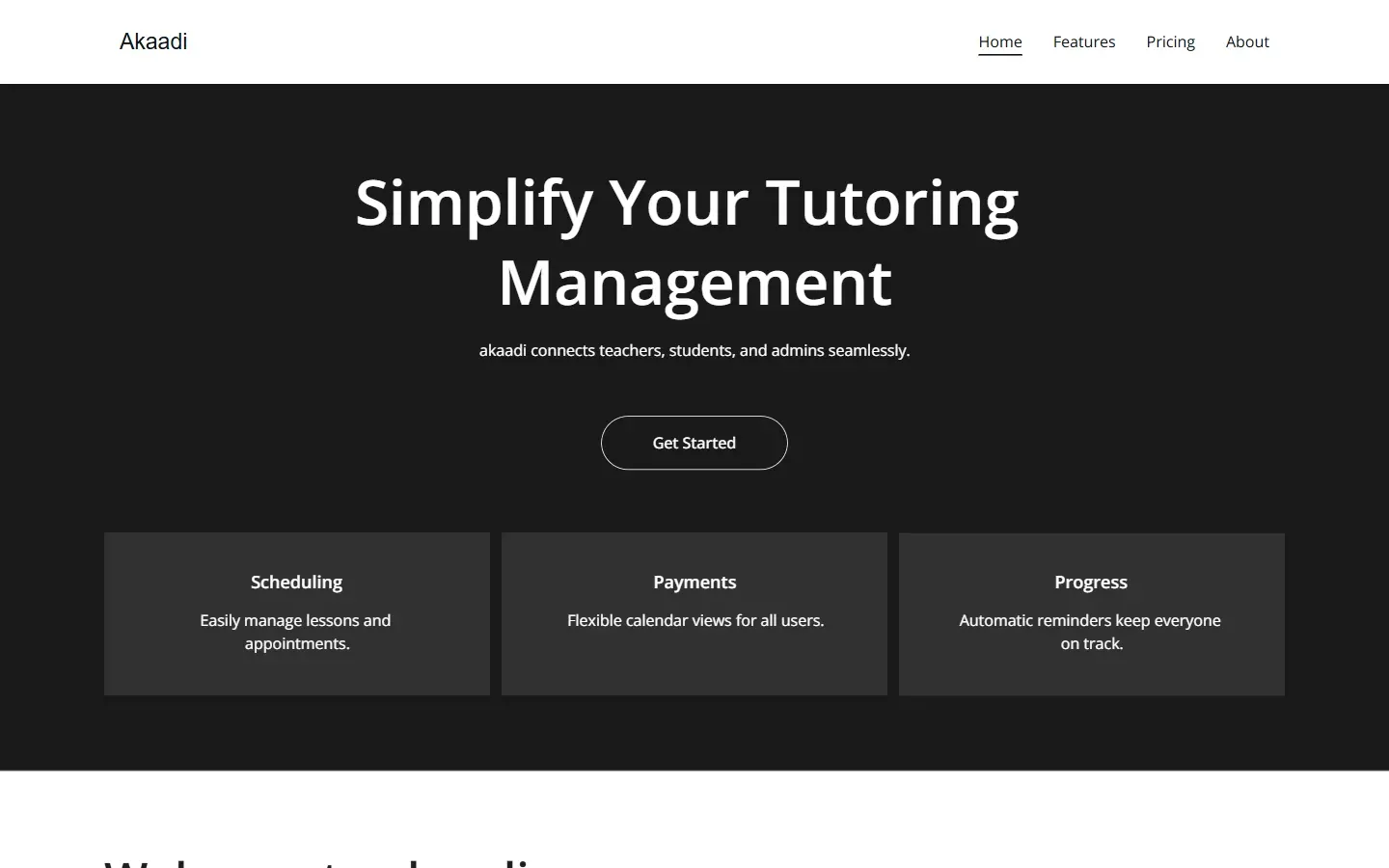 Homepage of Akkadi, Streamlined Tools for Private Lesson Schools website