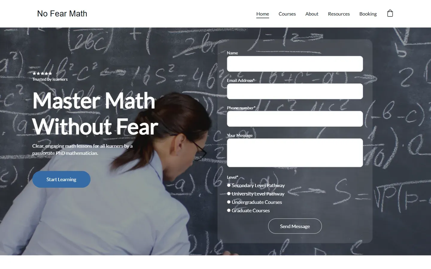 Homepage of No Fear Math website
